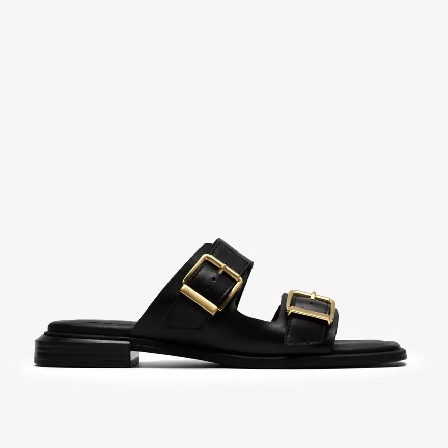 Womens Ariany Bay Black Leather Flat Sandals Womens Ariany Bay Black Leather Flat Sandals