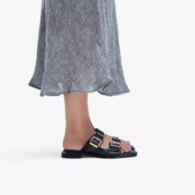 Womens Ariany Bay Black Leather Flat Sandals